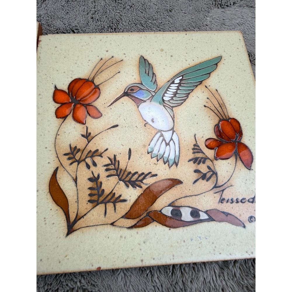 Cleo Teissedre Hand Painted Ceramic Tiles Set 2 Hummingbird Pottery Southwestern